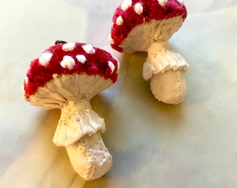 Amanita Muscaria Earrings - Embroidered Velvet Mushroom Earrings - Textile Jewelry