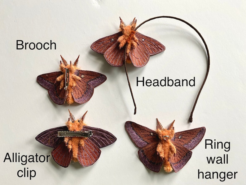 Your Choice of Brooch Embroidered Oakworm Moth Headband or Wall Display Hair Clip