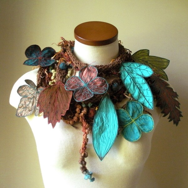 Sienna Brown and Teal Long and Leafy Scarf- Leaf Scarf- Wearable Fiber Art- Sienna with Teal, Sap Green, and Rust Berries