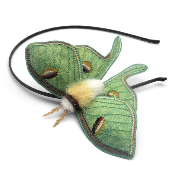 Luna Moth Headband- Your Choice of Headband, Clip, or Brooch- An Embroidered Fascinator- Spring Green