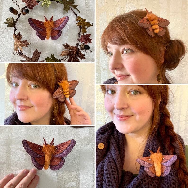 Your Choice of Brooch Embroidered Oakworm Moth Headband or Wall Display Hair Clip