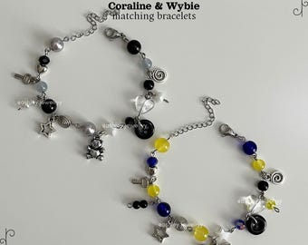 Coraline & Wybie Inspired Beaded Bracelet Set: Stainless Steel Couple Jewelry