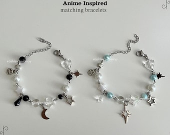 Anime Bracelets: Stainless Steel Beaded Couple Jewelry, Blue White Black Bracelet, Moon and Star Bracelet