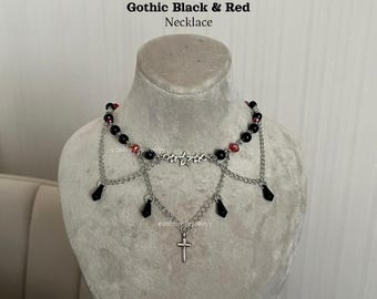 Gothic Black Red Beaded Necklace – Dark Romantic - Gothic Choker - y2k