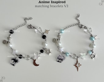 Anime Inspired Beaded Bracelets: Anime Stainless Steel Jewelry, Blue White Black Bracelet, Moon and Star Bracelet