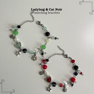 Marienkäfer & Katze Noir Matching Bracelets - Perlen Armband / Handgemachter Schmuck / Paar Armband / Freundschaftsarmband / Edelstahl