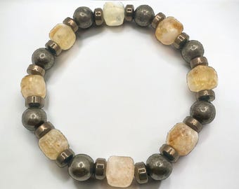 Certified Genuine 8mm Pyrite Citrine Hematite Beaded Bracelet Natural Stone