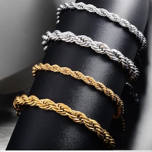 Men's Stainless Steel Rope Chain Bracelet | Gold/Silver Color, Women's Hand Bangle, Foot Ankle Anklet, DIY Gift"4mm