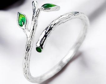 Green Leaves Tree Branch Ring | Adjustable Nature-Inspired Jewelry | Elegant Plant-Themed Accessory