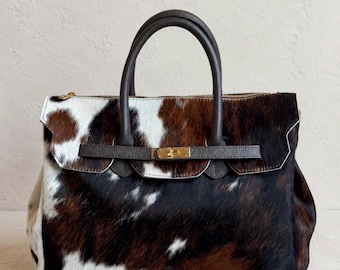 Haired Cowhide Berkin Bag, Large Leather Tote with Hair on Hide, Top Handles and Adjustable Crossbody Strap