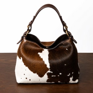 Cow Print Leather Handbag, Hair On Cowhide Shoulder Bag, Western Boho Purse, Brown & White Statement Bag, Women’s Hobo Bag