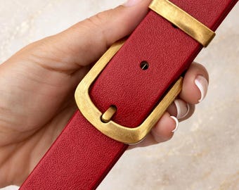 Women’s Red Leather Belt: Gold Buckle, Adjustable Length, Waist Belt