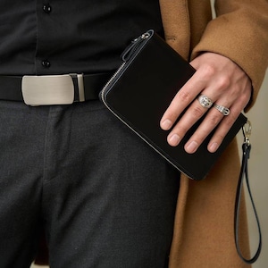 Cartera de cuero para hombre, cartera de mano, correa de muñeca, monedero largo, cartera de cuero, bolso de mano de cuero de grano completo, cartera de mano, regalo de aniversario