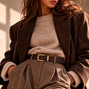 May include: A dark brown blazer worn over a beige knit sweater and pleated taupe trousers. A dark brown leather belt with a matte gold-toned buckle is fastened around the waist, securing the trousers. The outfit features layered textures.
