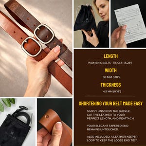 May include: Two brown leather belts with silver-toned oval buckles. The belts measure 115 cm (45.28 inches) in length, 30 mm (1.18 inches) in width, and 4.5 mm (0.18 inches) in thickness. Includes a black storage pouch and a metal tool.