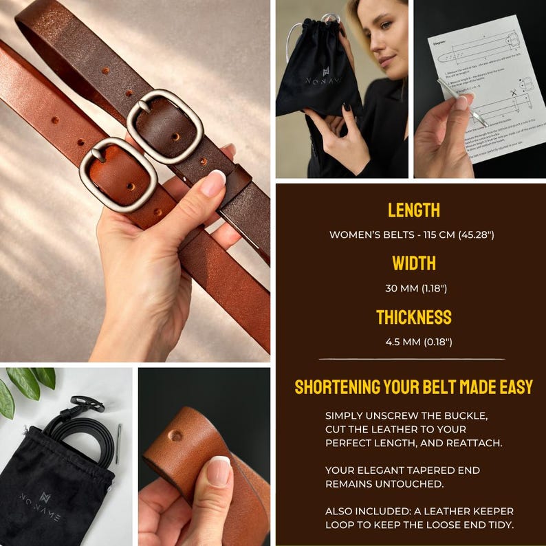 May include: Two brown leather belts with silver-toned oval buckles. The belts measure 115 cm (45.28 inches) in length, 30 mm (1.18 inches) in width, and 4.5 mm (0.18 inches) in thickness. Includes a black storage pouch and a metal tool.