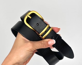 Women’s Black Genuine Leather Belt – Handcrafted Minimalist Belt with Gold Buckle and Adjustable Length