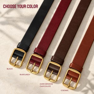 May include: Four leather belts with gold-toned rectangular buckles, arranged diagonally. The colors are labeled as black, burgundy, dark brown/chocolate, and cognac. The text CHOOSE YOUR COLOR is visible at the top left of the image.