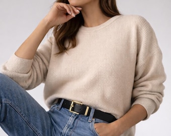 Women’s Black Genuine Leather Belt with Gold Buckle and Adjustable Length