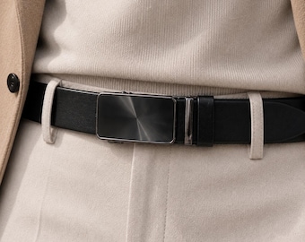 Men's Ratchet Belt, Italian Full Grain Black Leather,  Automatic Sunburst Buckle, Handmade