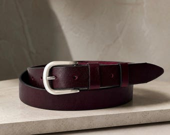 Women’s Burgundy Full Grain Leather Belt – Minimal High Waist Trousers Belt with Silver Buckle