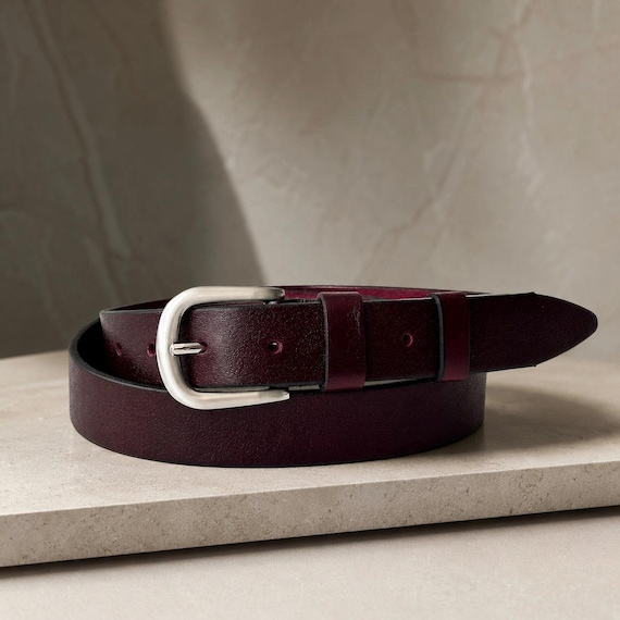 Women’s Burgundy Full Grain Leather Belt – Minimal High Waist Trousers Belt with Silver Buckle