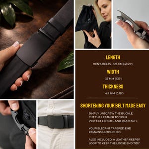 May include: A black leather belt with a matte black buckle. The belt measures 125 cm (49.21 inches) in length, 35 mm (1.37 inches) in width, and 4.5 mm (0.18 inches) in thickness. Text on the image details instructions for shortening the belt.