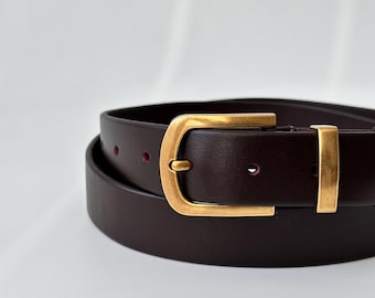 Dark Brown Leather Belt: Handmade Chocolate Leather with Gold Buckle