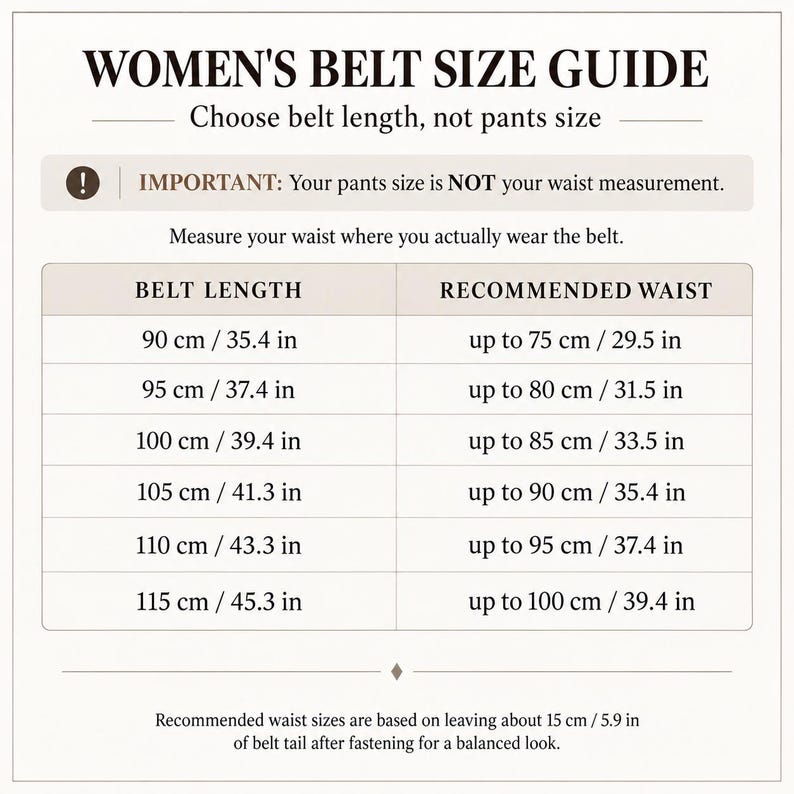 May include: A belt size guide chart with the title WOMEN'S BELT SIZE GUIDE. It includes a table listing belt lengths from 90 cm to 115 cm and corresponding recommended waist sizes up to 100 cm, with instructions to measure the waist.
