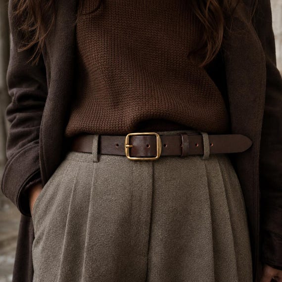 Dark Brown Full Grain Leather Belt: Gold Buckle, Minimalist Women’s Waist Accessory