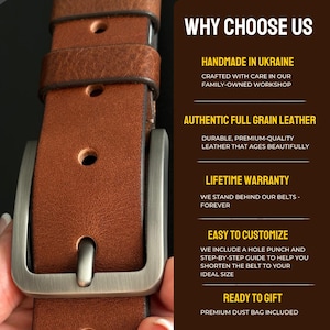 May include: A brown leather belt with a brushed metal buckle and visible adjustment holes. Text on the right reads: WHY CHOOSE US, HANDMADE IN UKRAINE, AUTHENTIC FULL GRAIN LEATHER, LIFETIME WARRANTY, EASY TO CUSTOMIZE, READY TO GIFT, and additional details.
