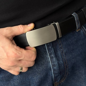 ブラックレザードレスベルト、自動マットシルバーバックル、クラシック35mm本革ベルト、男性用、新郎へのレザーギフト、クリスマスプレゼント