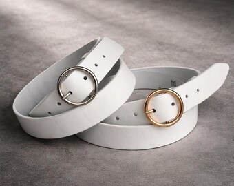 Handmade White Leather Belt: 2 Inch Wide With Silver Circle 