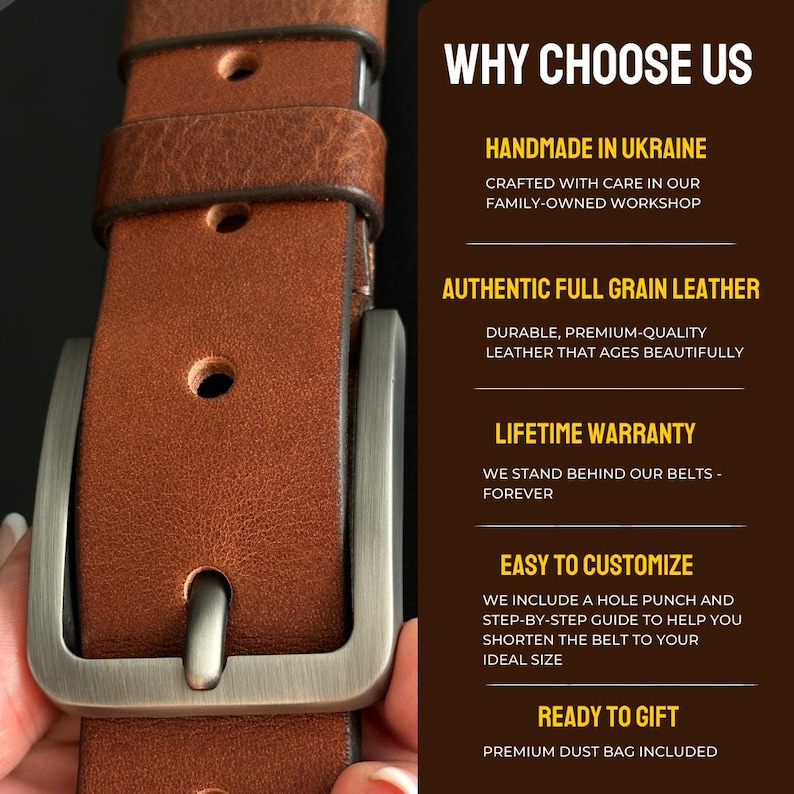 May include: A brown leather belt with a brushed metal buckle and multiple adjustment holes. Text on the right reads: WHY CHOOSE US, HANDMADE IN UKRAINE, AUTHENTIC FULL GRAIN LEATHER, LIFETIME WARRANTY, EASY TO CUSTOMIZE, and READY TO GIFT.