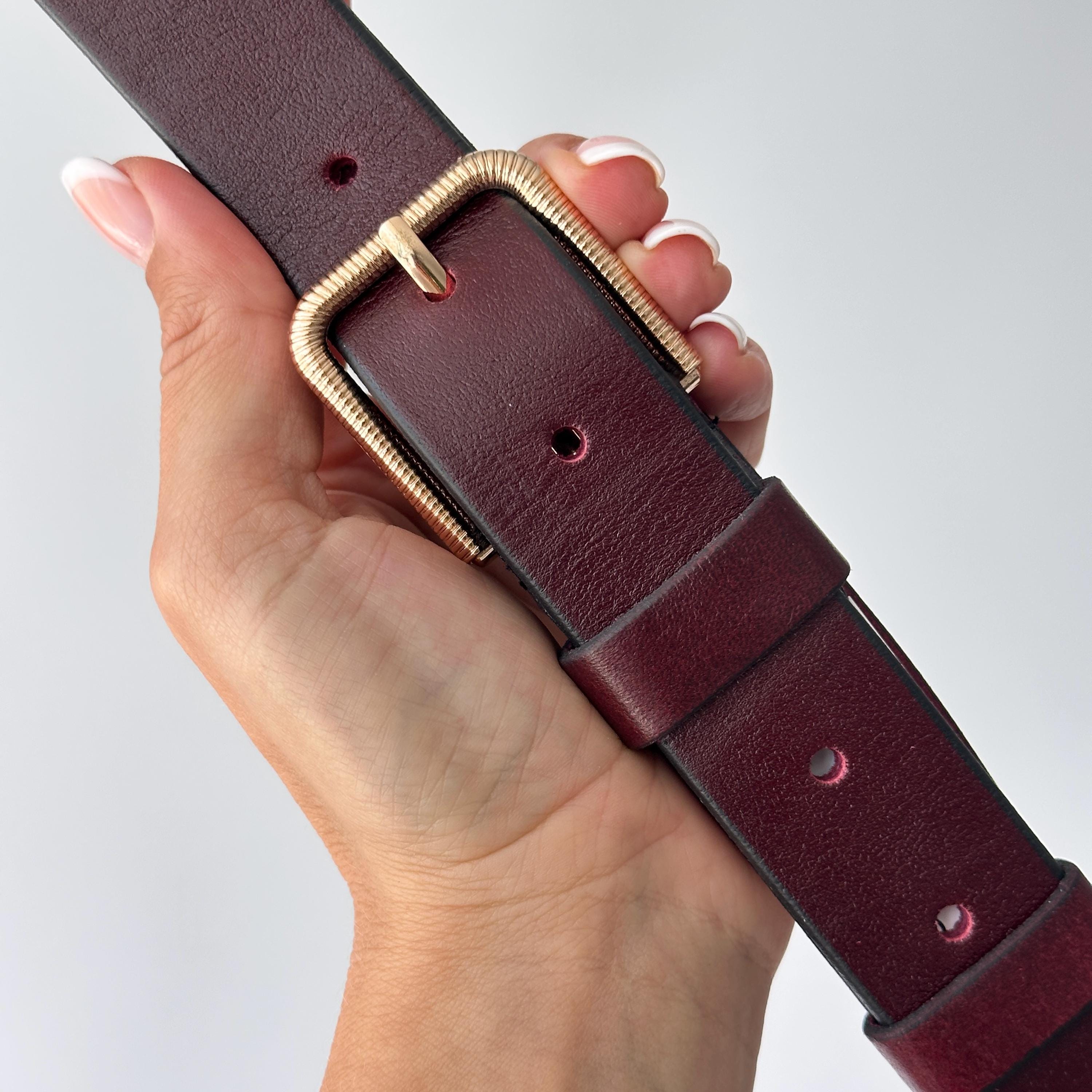 HANDCRAFTED Vintage Burgundy Leather Buckle Belt Vintage Burgundy Leather Western Belt: Brass Buckle, 80s/90s  main image 2