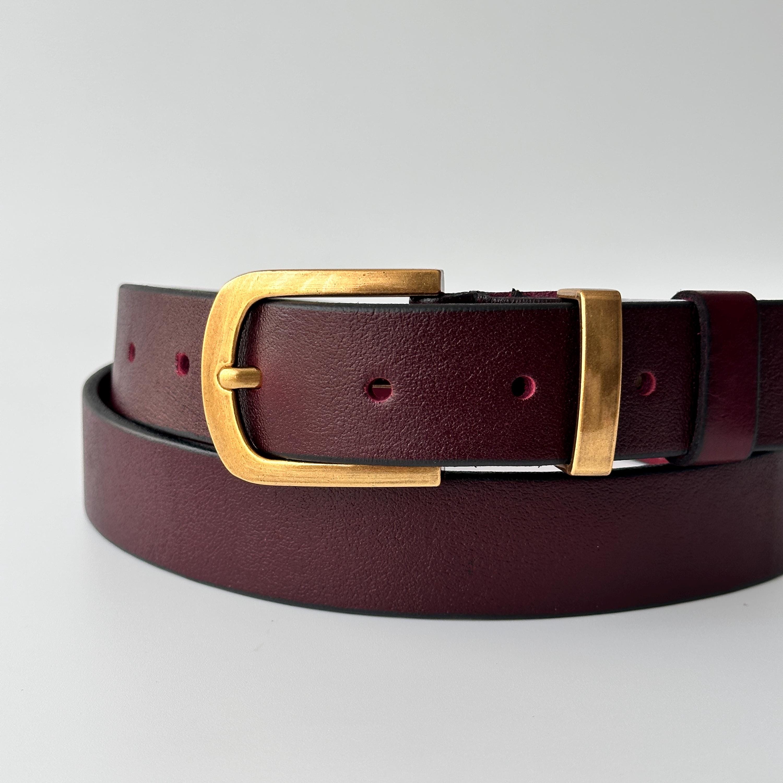 STYLISH Gold and maroon belt with 2 in buckle long changeable vegan leather belt Buy Brown Vegan Belt With Two Ring Gold Buckle - Capo Pelle main image 2