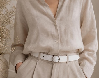 Weißer Ledergürtel für Damen, silberne runde Schnalle, minimalistischer Leinen-Kleidergürtel