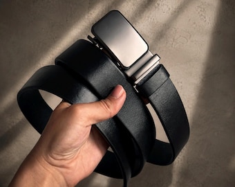 Mens Ratchet Dress Belt with Matte Automatic Buckle, Black Full Grain Leather, Handmade