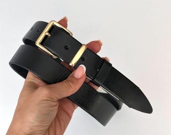 Women’s Black Genuine Leather Belt – Handcrafted Minimalist Belt with Gold Buckle and Adjustable Length