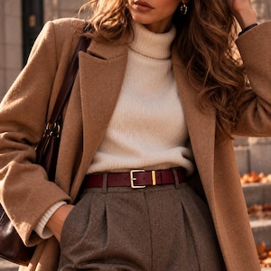 May include: A camel-coloured wool coat worn over a cream-coloured ribbed turtleneck jumper and brown pleated trousers. A deep burgundy leather belt with a gold-toned buckle is cinched at the waist, and a dark brown leather shoulder bag is visible.