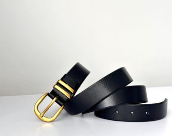 Women’s Black Genuine Leather Belt – Handcrafted Minimalist Belt with Gold Buckle and Adjustable Length
