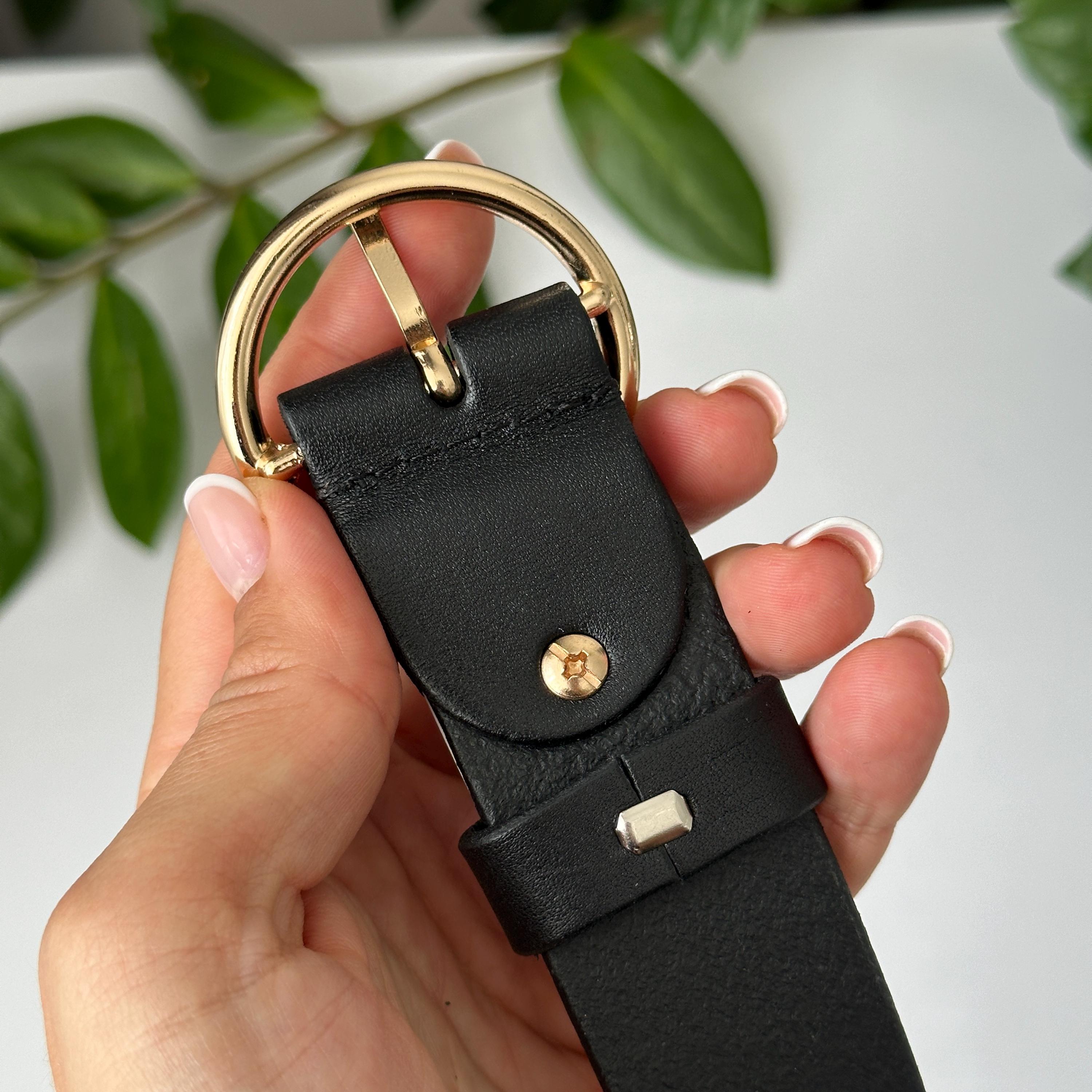 Minimalist Black Leather Belt: Round Gold Buckle, Handmade  display picture 3