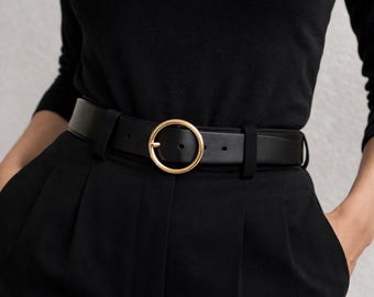 Women’s Full Grain Black Leather Belt with Gold Round Buckle, Handmade
