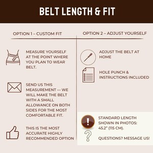 May include: An informational graphic titled BELT LENGTH & FIT. It outlines two options: Option 1 for a custom fit by sending measurements, and Option 2 for self-adjustment with a hole punch. It notes a standard length of 45.2 inches.