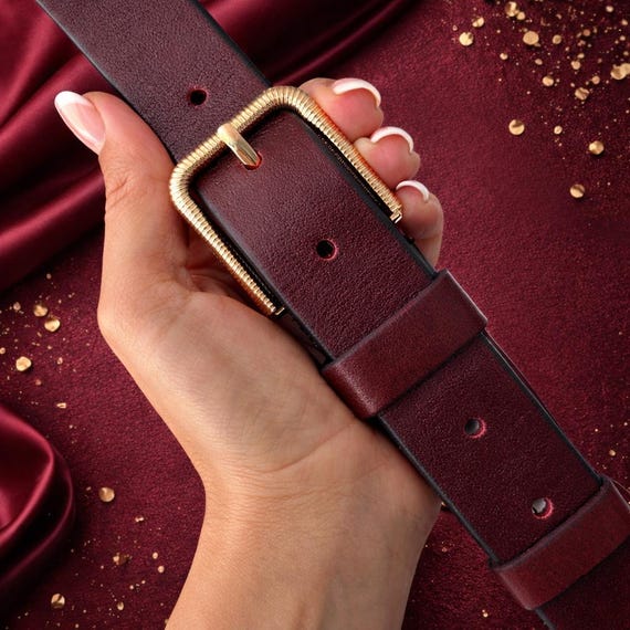 小物 vintage lether narrow belt burgundy Burgundy Leather Belt: Textured Gold Buckle, Elegant Wine Red