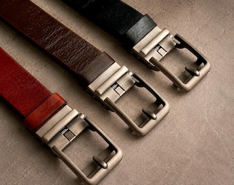 Leather Ratchet Belt for Men, Automatic Slide Buckle, Trim to Fit, Adjustable Dress Belt
