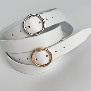 Handmade White Leather Belt: Round Buckle, Full Grain Leather