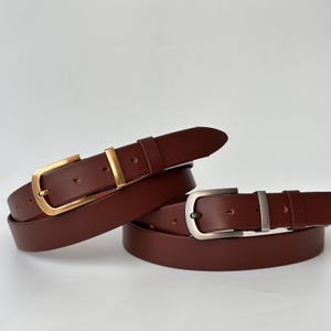 Handmade Cognac Leather Belt for Women - Gold or Silver Buckle - Premium Brown Genuine Leather Belt -Adjustable Length - Hole Punch Included