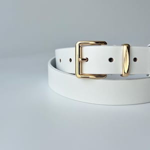 Handmade White Leather Belt: Gold Buckle, High Waisted