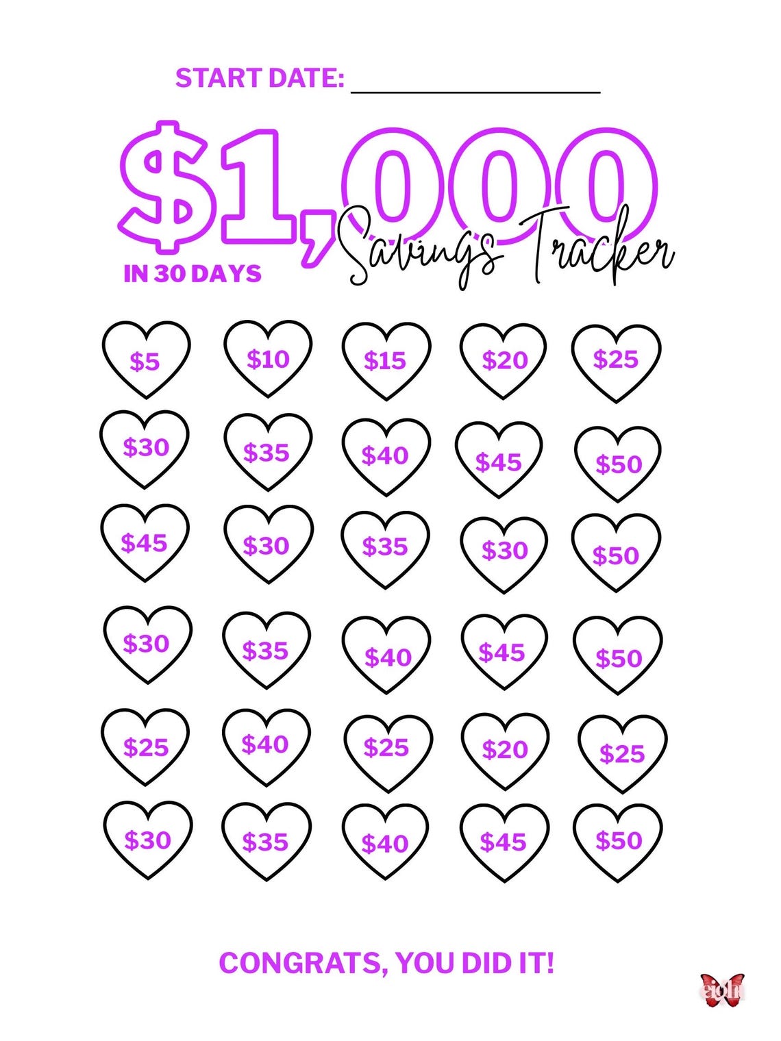 1000 Dollar Savings Tracker, Printable Finance Budget (digital Download ...